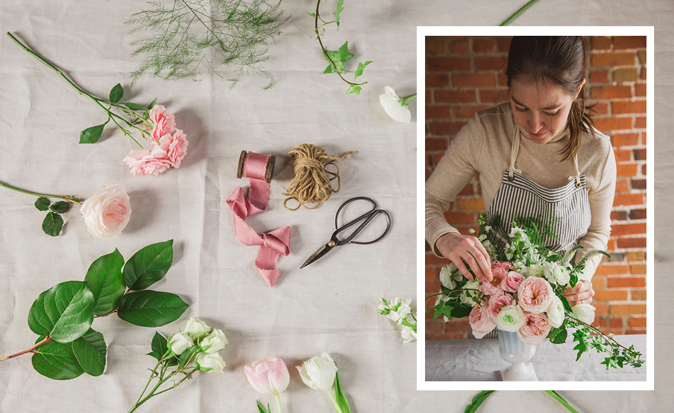 Circle of flowers and supplies; Florist designing centerpiece